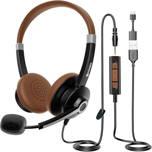 Arama USB Headset with Mic for PC, USB-C/A & 3.5mm Jack | Noise-canceling mic, Plug-and-play,Comfortable lightweight design, Stereo sound，Wide compatibility with pc/phones/tablets