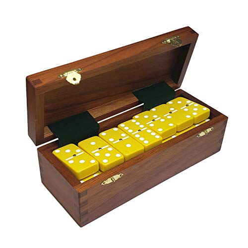 Marion Domino Double Six Yellow with White Spots Jumbo Tournament Professional Size with Spinners in Dovetail Sheesham Wood Box. - color: Yellow-white