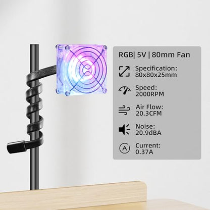 3.15" 80mm Mini LED Fan with Adjustable Gooseneck 5V USB Vent Cooling Fan | Low Noise and Gentle Airflow, with LED Lights for Greenhouse Small Plants Electronics Mic Arm Compact Ventilation, No Switch - color: Blue and Pink, size: 80mm