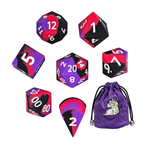 7-Piece Jumbo Silicone DND Dice Set, 25mm Oversized D&D Dice | Round Edges Soft Perfect Bouncer Compatible with Dungeons and Dragons RPG Bar Pub Club Party Games - color: Purple&black&red