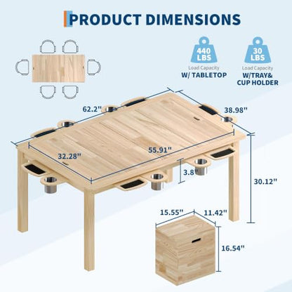 2-in-1 Solid Wood Convertible Board Game Dining Table with Storage | Removable Tabletop Leaves,Smart Storage Caddy,6 Cup Holders & Component Trays,Natural Walnut Finish,Multi-Purpose Household