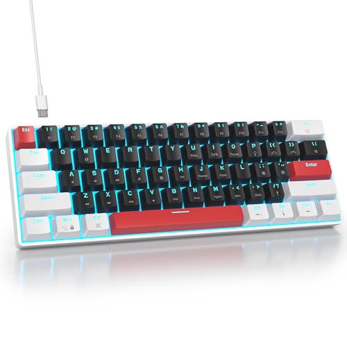 Portable 60% Mechanical Gaming Keyboard, 60 Percent Red Switch LED Backlit, 61 Keys Mini Black & White USB Wired Office Keyboard for Windows Mac Laptop PC - color: 61 White & Black/Red Switch