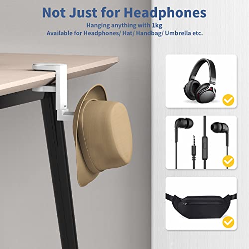 KIWIFOTOS Headphone Stand Holder Under Desk, PC Gaming Headset Hook Hanger Mount with 360 Adjustable Rotating Arm Clamp & Built in Cable Clip - White | Fits 0.4-1.6" desks, 2.4" headbands. 360° arm swivels. Built-in cable clip. Soft silicone pad. White. L