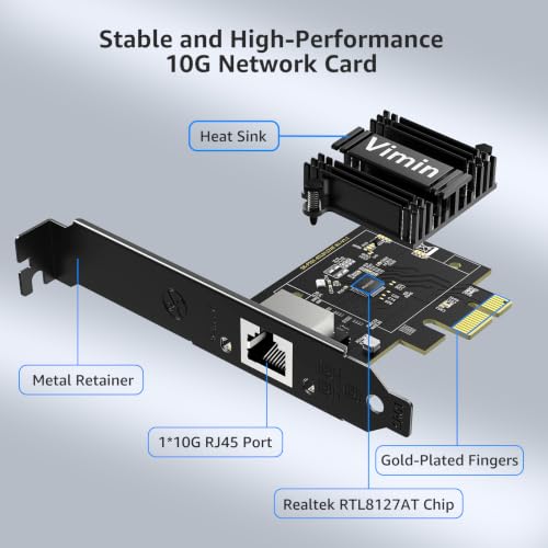 VIMIN 10G PCIe 4.0 x1 Network Card with Realtek RTL8127AT | support for 10G/5G/2.5G/1G/100M speeds，x1, x4, x8, and x16 PCIe slots for maximum installation flexibility