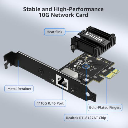 VIMIN 10G PCIe 4.0 x1 Network Card with Realtek RTL8127AT | support for 10G/5G/2.5G/1G/100M speeds，x1, x4, x8, and x16 PCIe slots for maximum installation flexibility