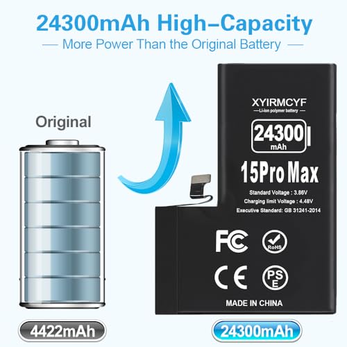 XYIRMCYF 24300mAh Super Capacity Battery Compatible with iPhone 15 Pro Max, 0 Cycle Li-Polymer Replacement Battery for iPhone 15 Pro Max, with Professional Repair Tool Kit - color: 15Promax-24300