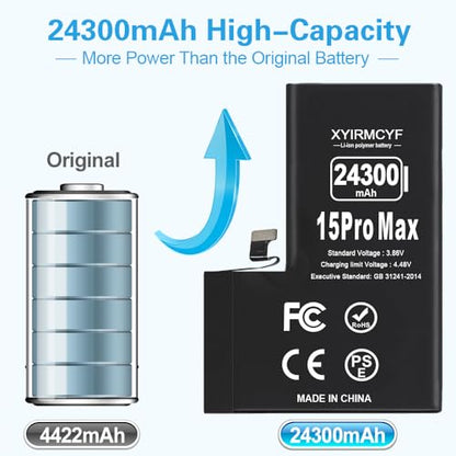 XYIRMCYF 24300mAh Super Capacity Battery Compatible with iPhone 15 Pro Max, 0 Cycle Li-Polymer Replacement Battery for iPhone 15 Pro Max, with Professional Repair Tool Kit - color: 15Promax-24300