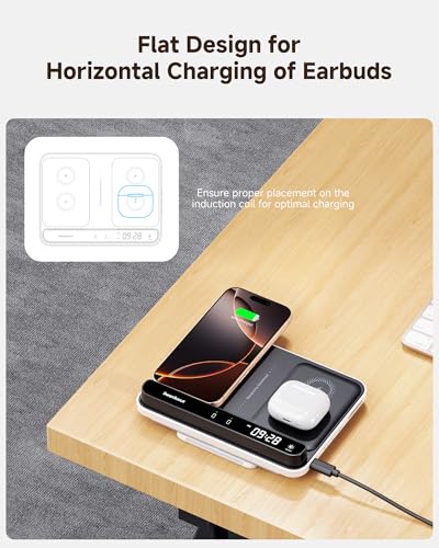 Dual Phone Foldable Wireless Charging Station for iPhone, Galaxy, Pixel | Dual phone charging, Foldable portable stand, Dimmable clock, Case friendly, Raised charging area, flat mode for earbuds, 504 - color: Black