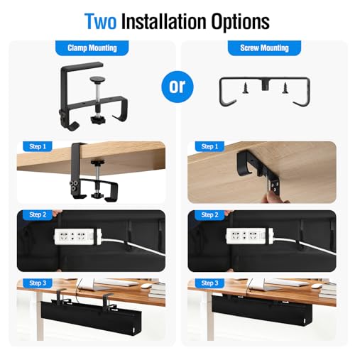 Under Desk Cable Management Tray - Heavy Duty No-Drill Clamp & Screw Mount, 28-Inch Cord Organizer for Home Office, Gaming Setup & Study Room, Holds Power Strip & Large Adapters (Black, 28"L x 5.5"W) - size: 28inch