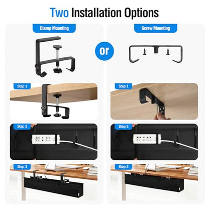 Under Desk Cable Management Tray - Heavy Duty No-Drill Clamp & Screw Mount, 28-Inch Cord Organizer for Home Office, Gaming Setup & Study Room, Holds Power Strip & Large Adapters (Black, 28"L x 5.5"W) - size: 28inch