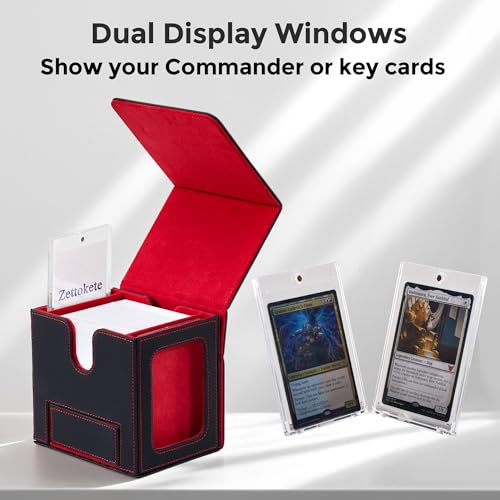 MTG Commander Deck Box with Dual Display Windows and Dice Tray | Fits 100 Double-Sleeved Cards, PU Leather, 2 Magnetic Card Holders, 2 Dividers, Black & Red - color: 2. Black & Red