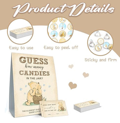ALodr Winnie Guess How Many Candies Baby Shower Games, Includes ‘Guess How Many Candies’ Standing Sign, 50 Guest Guess Cards & 180 Stickers, Baby Shower Party Decorations Supplies - color: Winnie 01