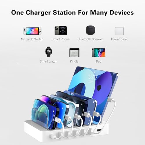 Charging Station for Multiple Devices,68W 6 Port 20W Fast Phone Charger Dock with 6 Cables, Compatible with Apple Cellphone iPad iPhone Tablet and Other Electronic(White)