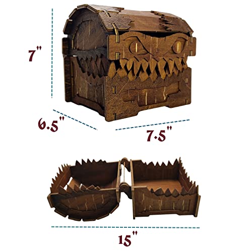 Mimic Chest for Dungeons and Dragons Tower with Tray Wood Laser Etched Cthulhu Portable and Collapsible Dice Roller Perfect for Board Game and Tabletop RPG