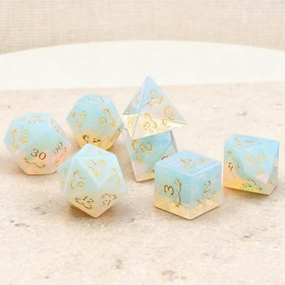 Haxtec Opal Gemstone Dice Polyhedral DND Dice Set with Premium Dice Case Compatible with Dungeons and Dragons Role Playing Board Games D&D Gift - color: White Gold- Opal Grass