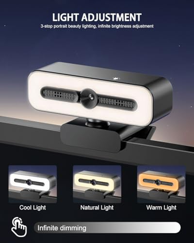 4K UHD Ring Light Webcam for PC, 1080P Web Camera with Dual AI Noise-Cancelling Mics, Auto Light Correction, Privacy Cover, 73°FOV, PDAF Autofocus, Privacy Cover, for Streaming, Conference, Zoom