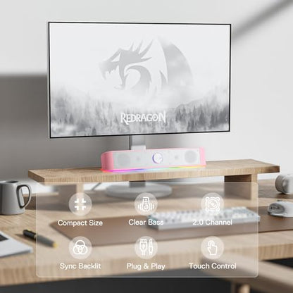 Redragon GS560 RGB Desktop Soundbar, Dynamic Lighting Bar with Audio Sync | 2.0 Stereo Enhanced Auido Quality, Touch-Control Backlit, Volume Knob, Plug & Play USB Powered Computer Speaker - color: Pink