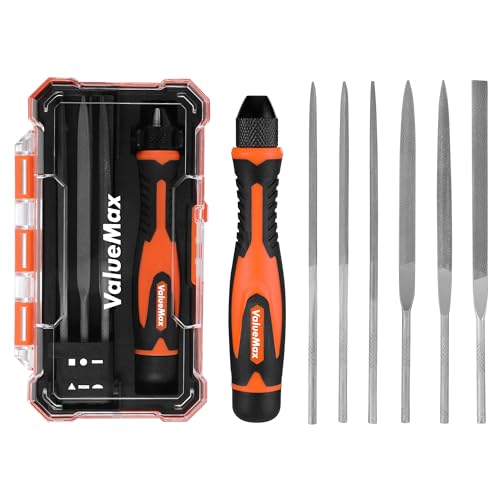 ValueMax 7PCS Interchangeable Needle File Set, Small File Set | Includes Flat, Flat Warding, Round, Half-Round, Square, Triangular File and Handle, For Shaping Metal, Wood, Jewelry, Plastic