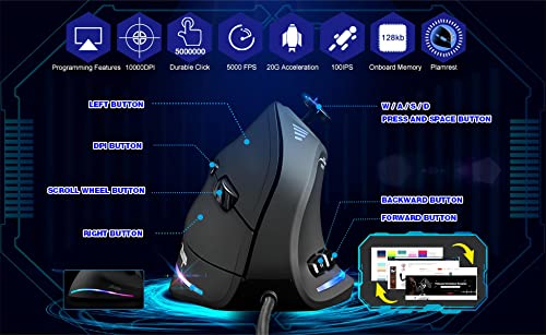 TKMARS Wired Ergonomic Mouse with Joystick, Vertical Gamer Mouse 11 Programmable Buttons 10000 DPI Adjustable Gaming Mouse for PC Mac USB Computer Black