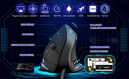 TKMARS Wired Ergonomic Mouse with Joystick, Vertical Gamer Mouse 11 Programmable Buttons 10000 DPI Adjustable Gaming Mouse for PC Mac USB Computer Black