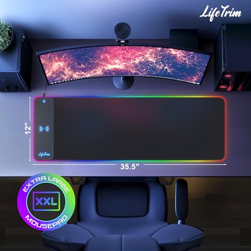 LifeTrim RGB Gaming Mouse Pad with Wireless Charging 15W, LED Mousepad 35.5x12 Inch XXL Large Desk Mat, 10 Light Modes, 4mm Thick Non-Slip Waterproof Keyboard Pad for PC MacBook Laptop, Gamer Gift