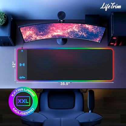 LifeTrim RGB Gaming Mouse Pad with Wireless Charging 15W, LED Mousepad 35.5x12 Inch XXL Large Desk Mat, 10 Light Modes, 4mm Thick Non-Slip Waterproof Keyboard Pad for PC MacBook Laptop, Gamer Gift