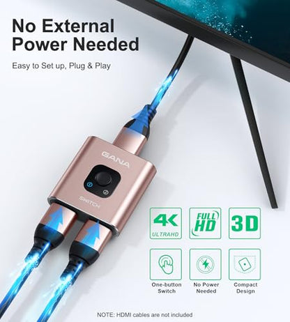 HDMI Switch 4k@60hz Splitter, GANA Aluminum Bidirectional HDMI Switcher 2 in 1 Out, Manual HDMI Hub Supports HD Compatible with Xbox PS5/4/3 Blu-Ray Player Fire Stick Roku - color: Rose Gold (No Cable)