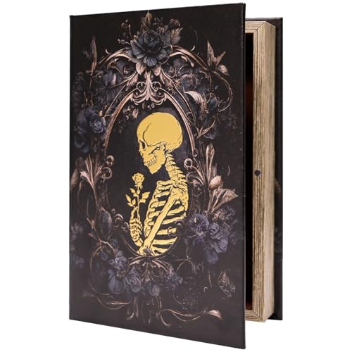 Realistic Hidden Book Safe – Skull & Black Rose Vintage Faux Book | Magnetic Lock Secret Compartment for Valuables, Money, Jewelry, Diversion Safe for Dark Gothic Decor, Halloween Prop for Home - color: M/Golden Skull