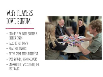 Burum Card Game – Easy-to-Learn Family Card Game for 3-12 Players, Unique Sweep-the-Pile Gameplay, Fun for Kids, Teens & Adults, Great for Game Night, Parties & Travel