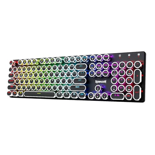 Redragon Wireless Typewriter Style Mechanical Gaming Keyboard, Black | Bluetooth/2.4Ghz/Wired, RGB Led Backlit, Blue Switch - Clicky, Rechargeable 4000mAh, Solid Metal Panel, Round Keycaps - color: Black