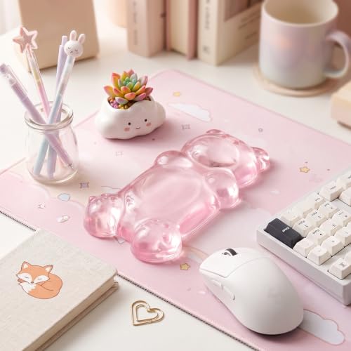 Gel Wrist Rest for Keyboard and Mouse Transparent Pink Bear Elbow Pad Cushion Ergonomic Cute Clear Cool Mouse Wrist Pad Silicone Non-Slip Support for Computer Gaming Home Office Women Hand Pillow - color: Bear Pink
