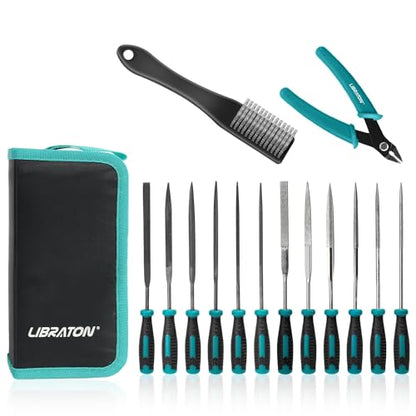 LIBRATON Needle File Set, Diamond Needle File Set, 14PCS Small File Set | 6 Diamond Files & 6 Carbon Steel Files with Wire Cutter, Steel Brush, Carry Bag, Jeweler File Tools for Soft Metal,Wood,Model - style: Needle File-14PCS
