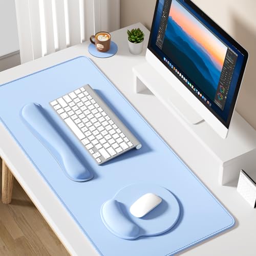 Dapesuom Large Gaming Mouse Pad, Mouse Pads with Wrist Rest Wrist Support, 4in1 Big XXL Desk Mat Desk Pad + Ergonomic MousePad + Memory Foam Keyboard Mat Wrist Rest + Coaster Set for Computer,Sky Blue - color: Sky Blue