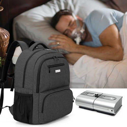 CURMIO CPAP Backpack Compatible with ResMed AirSense 9 10 11, Black | CPAP Supplies Storage Bag with Chest Belt for Power Supply, Mask, Headgear strap, Tubes, Empty Bag - color: Black