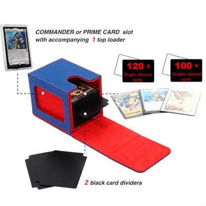 MTG Deck Box with Commander Display Window (Blue&Red, 1 window) | Holds 120 Single/100 Double-Sleeved Cards, Fit MTG/PTCG/OPTCG Cards, Strong Magnet, PU Leather, With 2 Dividers & 1 Toploader - color: Blue and Red