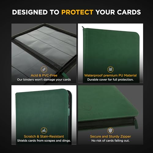 Card Guardian - 9 Pocket Premium Binder with Zipper for 360 Cards Trading Card Games TCG (Green) Side Loaded Pockets Compatible with Yugioh Cards MTG Binder Sports Card Binder - color: Green