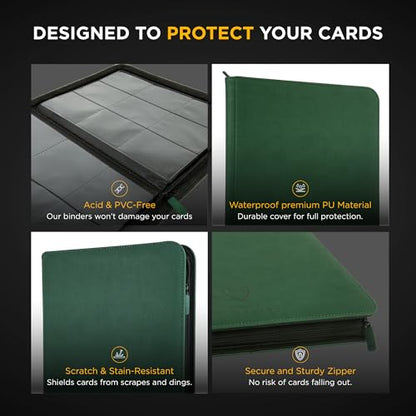 Card Guardian - 9 Pocket Premium Binder with Zipper for 360 Cards Trading Card Games TCG (Green) Side Loaded Pockets Compatible with Yugioh Cards MTG Binder Sports Card Binder - color: Green