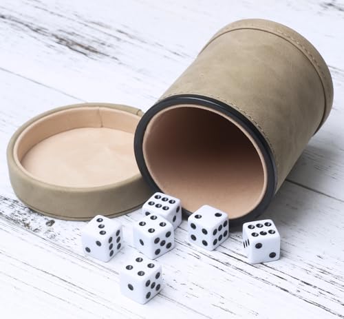 Brown Suede Faux Leather Dice Cup with Lid, Soft Felt Interior Quiet Dice Shaker Cup with 6 Dice for Liars Dice/Farkle/Yahtzee Games, 1 Pack - color: Suede Brown