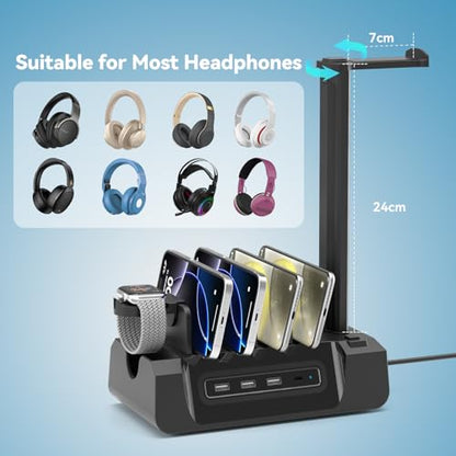 KDD Charging Station with 6 Charging Cables - Fast Charging 6 in 1 Cellphone Charging Dock with Headphone Stand and Watch Holder - 2 AC&USB A&USB C, Storage Station for Smartphone,Tablets, AppleWatch
