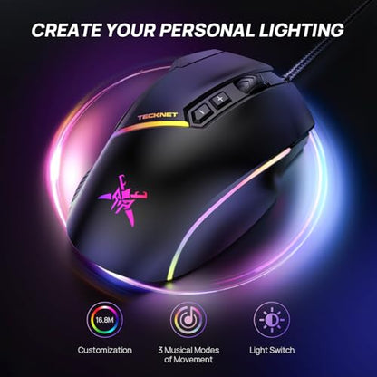 TECKNET Wired Gaming Mouse, 12,800 DPI with Optical Sensor, 8 Programmable Buttons, 13 RGB Backlit Modes, Ergonomic Design, Custom Software Gaming Mice for Laptop,PC - color: Black
