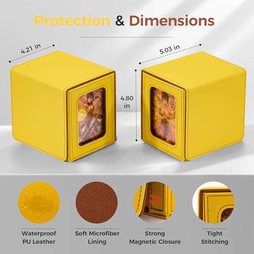 MTG Commander Deck Box with Dual Display Windows and Dice Tray | Fits 100 Double-Sleeved Cards, PU Leather, 2 Magnetic Card Holders, 2 Dividers, Yellow & Brown - color: 3. Yellow & Brown