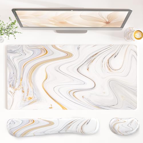 QIYI PU Leather Desk Mat Set, 4-in-1 Ergonomic Wrist Rest, Marble Stripes | Waterproof Large Mouse Pad 31.5×15.7 + Keyboard Wrist Rest + Mouse Wrist Support+Coaster, Non-Slip Office Gaming Accessories - color: White Marble Stripes