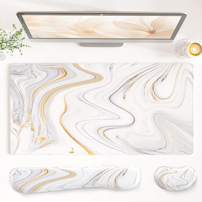 QIYI PU Leather Desk Mat Set, 4-in-1 Ergonomic Wrist Rest, Marble Stripes | Waterproof Large Mouse Pad 31.5×15.7 + Keyboard Wrist Rest + Mouse Wrist Support+Coaster, Non-Slip Office Gaming Accessories - color: White Marble Stripes