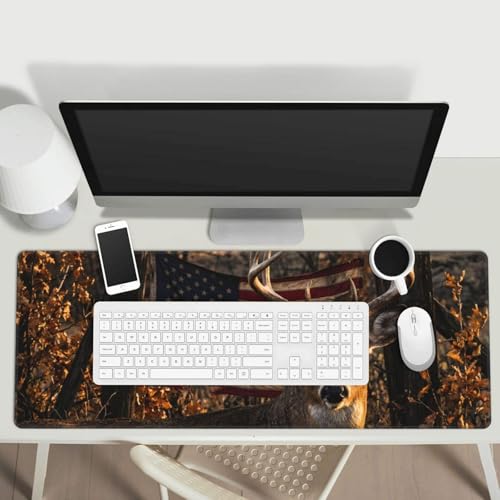 American Flag Whitetail Deer Mouse Pad, X-Large Gaming Desk Mat (31.5 x 11.8 in), Non-Slip Rubber Base Extended Mousepad with Stitched Edges for Office & Home - color: 26