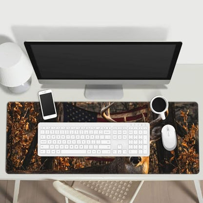 American Flag Whitetail Deer Mouse Pad, X-Large Gaming Desk Mat (31.5 x 11.8 in), Non-Slip Rubber Base Extended Mousepad with Stitched Edges for Office & Home - color: 26