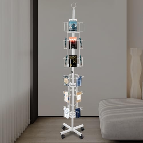 Rotating Greeting Card Rack, 6 Tiers 24 Greeting Card Display Stand Cold Rolled Steel Pocket Rotating Holder Portable Postcard Holder w/4 Universal Wheels for Classrooms Offices Libraries