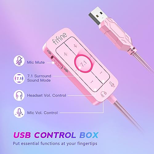 FIFINE USB Gaming Headset, PC Over-Ear Wired Streaming Headset with 3.5mm Jack, Detachable Microphone, 7.1 Surround Sound, Control Box, Passive Noise Cancellation, for PS5/Xbox/Switch-H9 Pink - color: Pink
