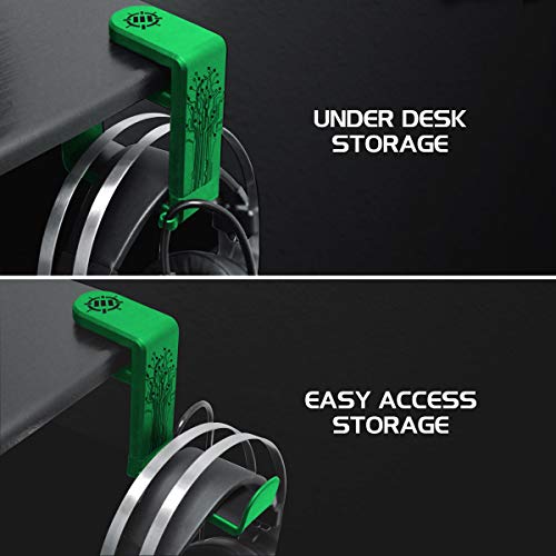 ENHANCE PC Gaming Headphone Holder - Desk Headphone Hanger Esports Headset Holder with Adjustable 360 Rotation, Under Desk Hook Clamp, Universal Fit - Built in Cable Clip Organizer - Green - color: green