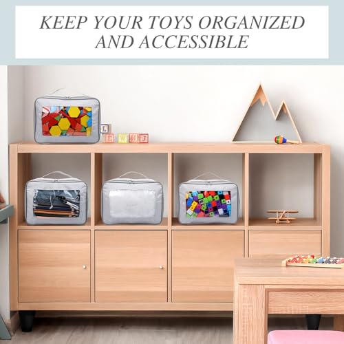 Abbylike 8 Pack Toys Storage Bags with Handle and Clear PVC Window, Classic Bricks Building Set Organization Bags, Car Toy Traveling Carrying Case for Puzzles Board Games Building Blocks(Gray) - color: Gray