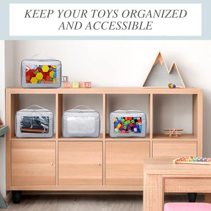 Abbylike 8 Pack Toys Storage Bags with Handle and Clear PVC Window, Classic Bricks Building Set Organization Bags, Car Toy Traveling Carrying Case for Puzzles Board Games Building Blocks(Gray) - color: Gray